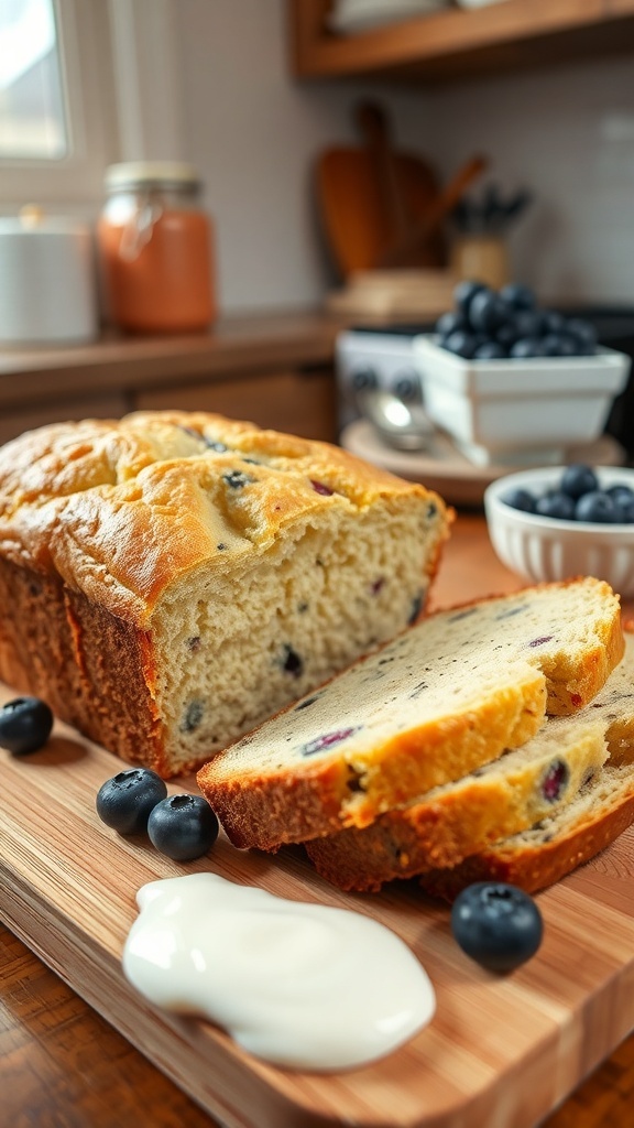 Sliced yogurt quick bread on a wooden board with blueberries and yogurt in a cozy kitchen.